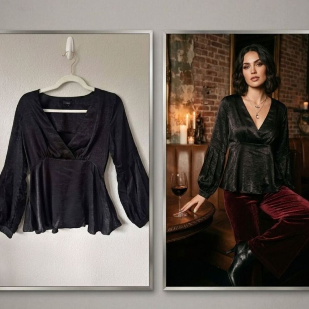 Lumie Black Textured Satin Blouse Balloon Long Sleeve Small S Whimsigoth